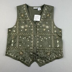 Bollie Brookes Vest Womens Medium Green Floral Embroidered Button Up Cotton Boho
